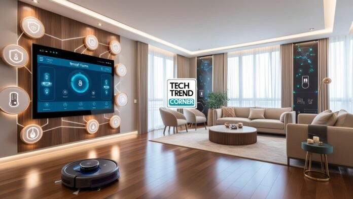 featured image of Smart Home Technology for a Modern Lifestyle showing Realistic smart home interior with modern decor, a large smart control screen on the wall, and a robotic vacuum on a polished wood floor. The room features connected smart devices, cozy furniture, with'TECH TREND CORNER' watermark in the center.