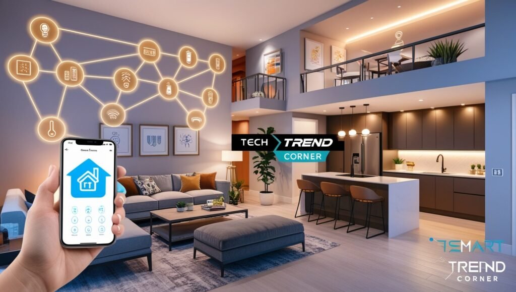 Realistic modern smart home interior with open layout, featuring a living room, kitchen, and mezzanine dining area. Illuminated icons on walls represent connected smart devices, and a hand holds a smartphone with a home control app. Watermark reads 'TECH TREND CORNER' in the center.