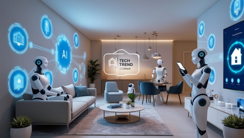 Futuristic smart home interior with humanoid robots, holographic AI displays, and various connected smart devices. A robot sits on the sofa, and another uses a tablet at a table. 'TECH TREND CORNER' watermark in the center.