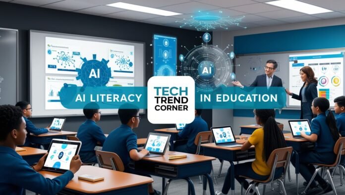 AI Literacy in Education: Students and teachers using advanced AI technologies in a modern classroom.