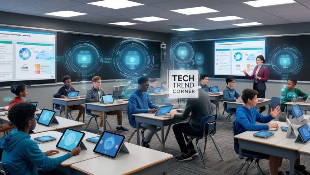 image of an accommodative learning classroom using AI tools, featuring personalized student interactions and a "Tech Trend Corner" watermark.