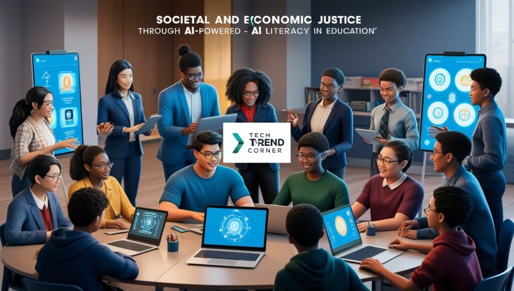 image showing diverse students using AI educational tools to promote societal and economic justice, with a "Tech Trend Corner" watermark.