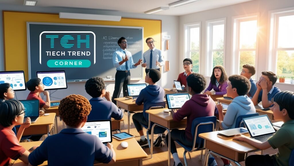 image of a classroom where students are learning AI concepts, with some struggling and others engaged. The scene highlights the challenges of "AI Literacy in education," focusing on technology inequality and the lack of qualified professionals. A watermark "Tech Trend Corner" is visible in the center