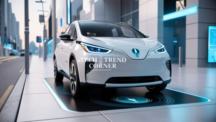 electric car using wireless EV charging in a smart city setting.