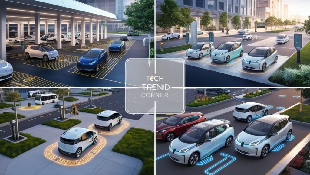 city scene showcasing Wireless EV Charging integrated into modern infrastructure.