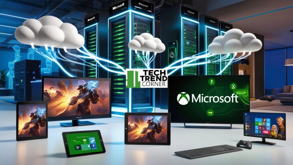  image showing Microsoft Xbox Cloud Gaming connecting cloud servers to multiple gaming devices, featuring a 'Tech Trend Corner' watermark.