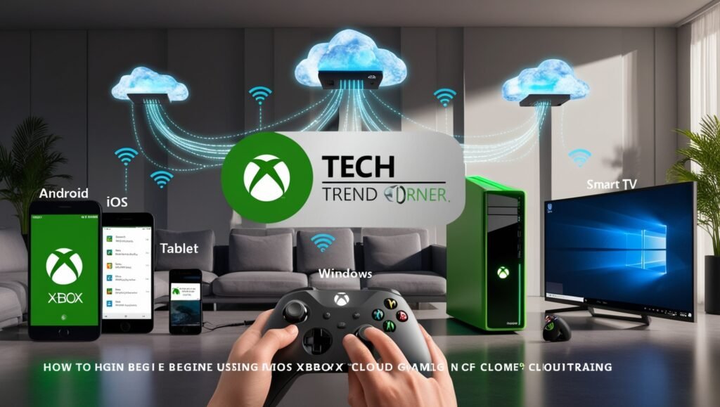  image showing the setup process of Microsoft Xbox Cloud Gaming with multiple devices and a 'Tech Trend Corner' watermark.
