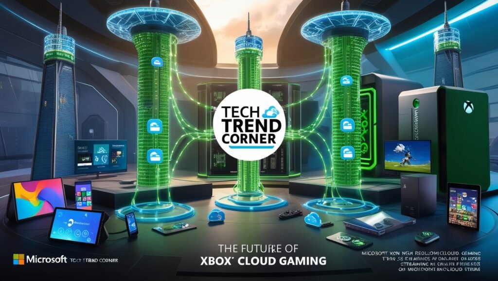 image depicting the future of Microsoft Xbox Cloud Gaming with advanced technology, diverse devices, and a 'Tech Trend Corner' watermark.
