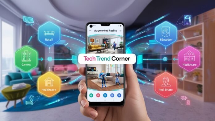 Augmented Reality Mobile Apps on a smartphone with icons for retail, education, healthcare, and gaming.