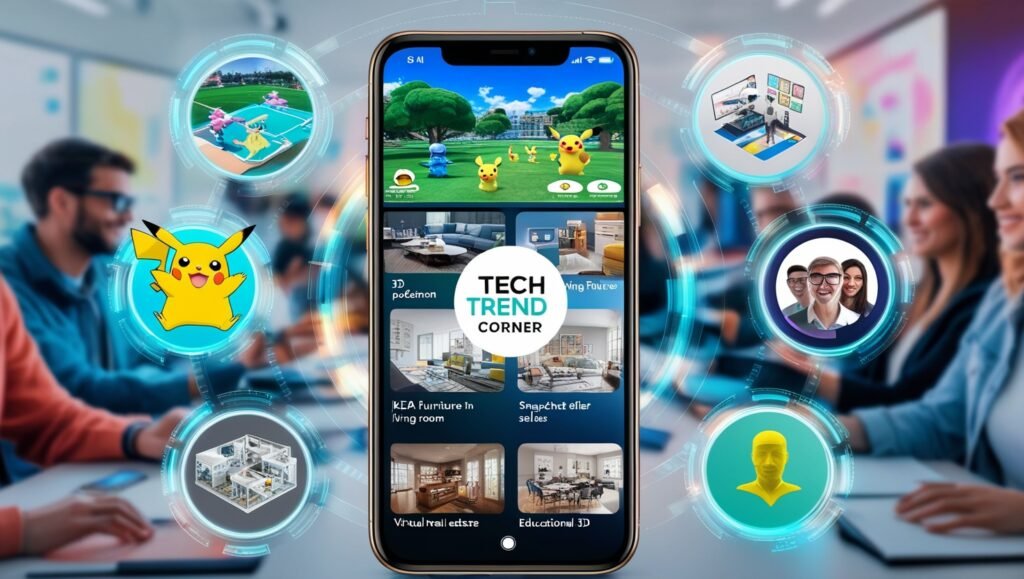 Augmented Reality Mobile Apps on a smartphone showcasing AR gaming, retail, social media, real estate, and education features with 'Tech Trend Corner' watermark.