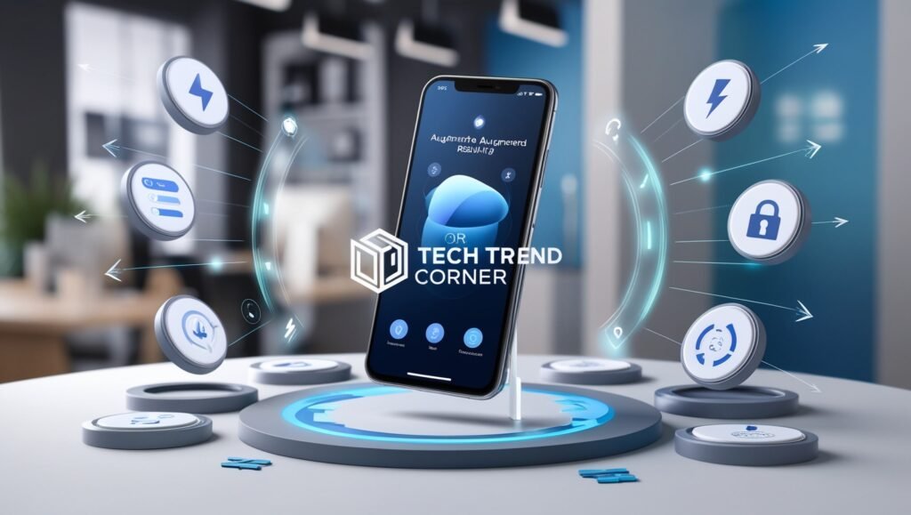 Augmented Reality Mobile Apps showcasing best design practices with user-centric interface, performance optimization, and security features, featuring 'Tech Trend Corner' watermark.