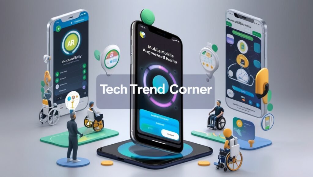 Augmented Reality Mobile Apps highlighting accessibility features like voice commands, text alternatives, and adjustable settings, with 'Tech Trend Corner' watermark.