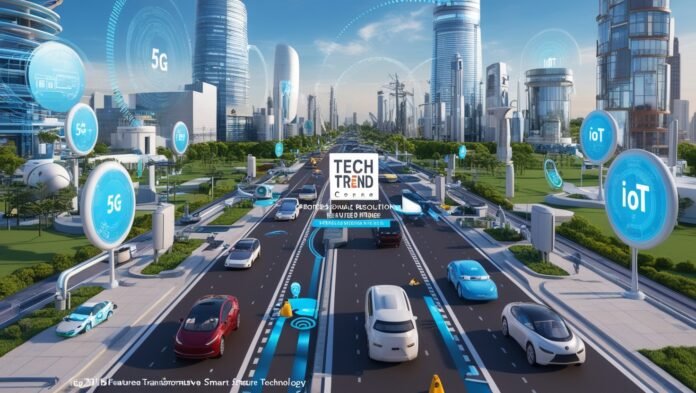 image illustrating the impact of 5G Technology in 2025 on smart cities, autonomous vehicles, and healthcare, featuring a 