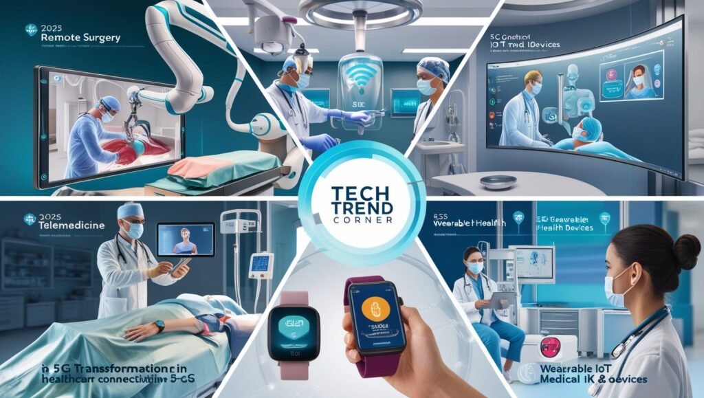 image depicting the Transformation in Healthcare with 5G Technologies in 2025, featuring remote surgery, telemedicine, and wearable health devices, with a "Tech Trend Corner" watermark.