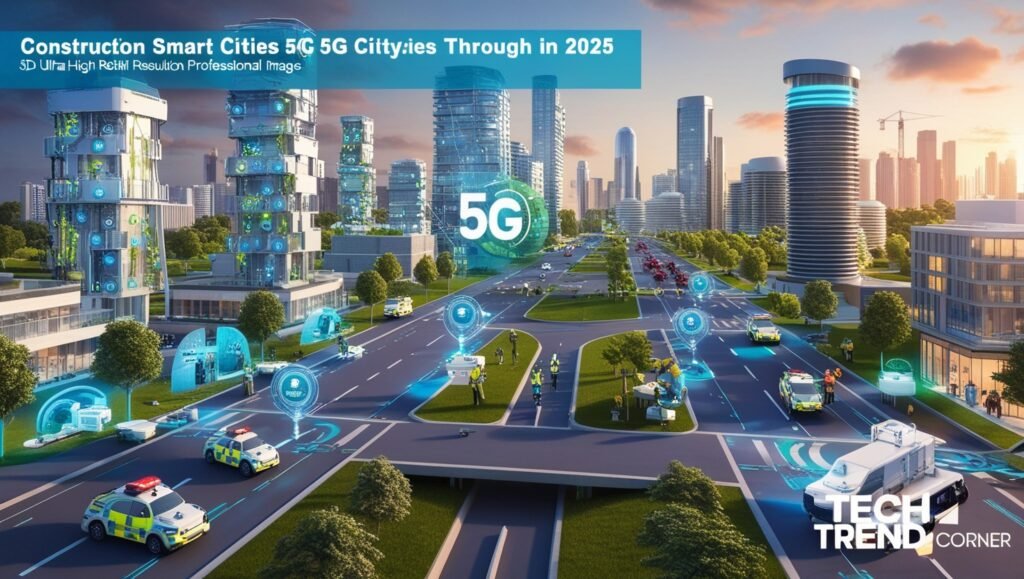 image illustrating the Construction of Smart Cities with 5G Technologies in 2025, featuring intelligent infrastructure, public safety systems, and environmental monitoring, with a "Tech Trend Corner" watermark