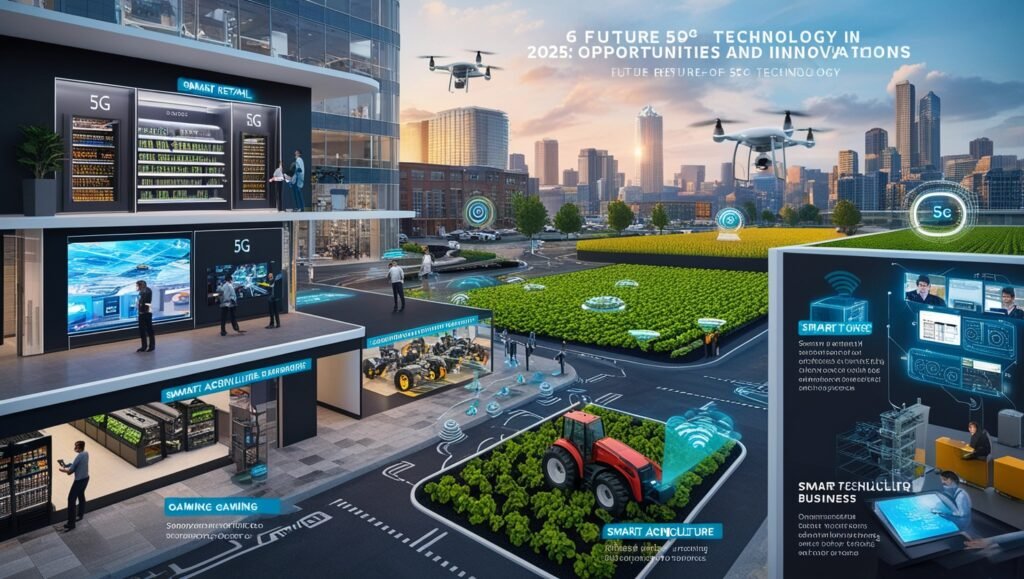 image showcasing the Future of 5G Technology in 2025 with innovations in smart retail, gaming, agriculture, education, and business empowerment, featuring a "Tech Trend Corner" watermark.