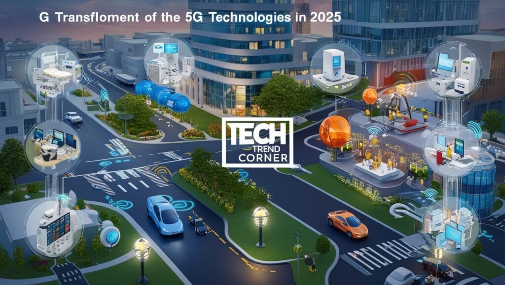 image illustrating the comprehensive impact of 5G Technologies in 2025 on smart healthcare, autonomous transportation, and connected smart cities, featuring a "Tech Trend Corner" watermark.