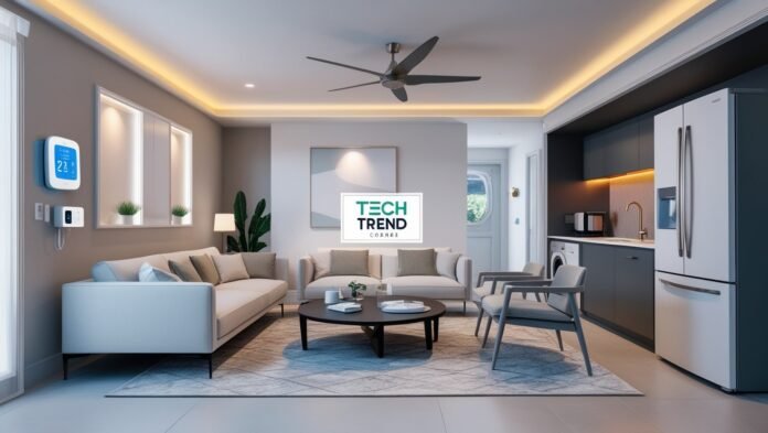 Energy-efficient smart home devices 2025 in a modern living room with a 'Tech Trend Corner' watermark.