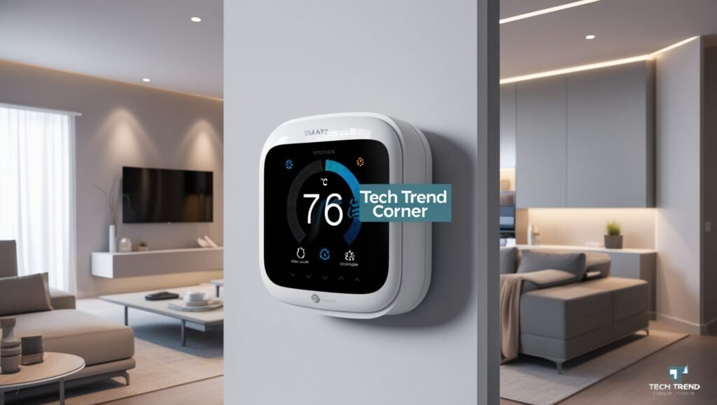 Energy-Efficient Smart Home Devices 2025: Smart thermostat in a modern living room with 'Tech Trend Corner' watermark.