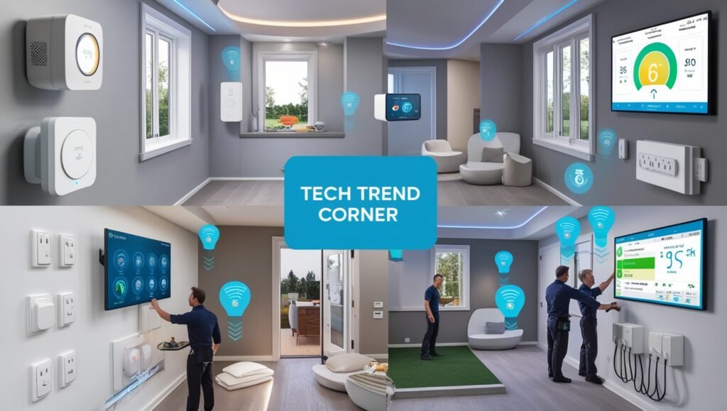 Futuristic smart home integrating energy-efficient devices like smart thermostats, lighting, plugs, and energy monitoring for optimal efficiency, with 'Tech Trend Corner' watermark.