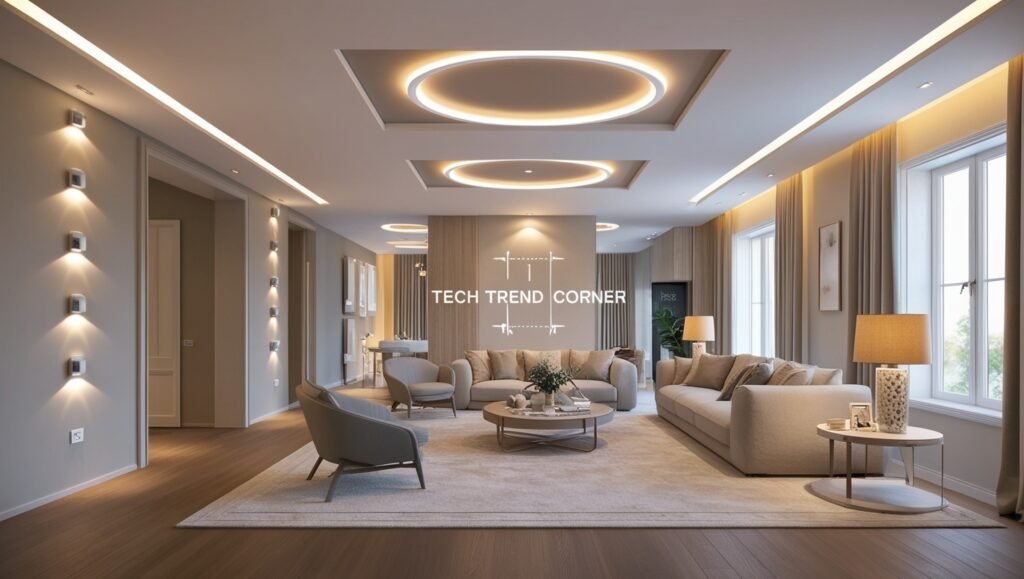 Energy-Efficient Smart Home Devices 2025: Smart lighting systems in a modern living room with 'Tech Trend Corner' watermark.