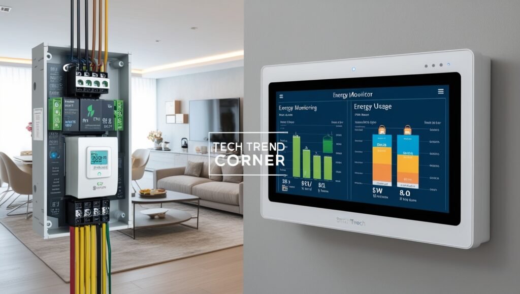 Energy-Efficient Smart Home Devices 2025: Smart energy monitoring system in a modern home with 'Tech Trend Corner' watermark.