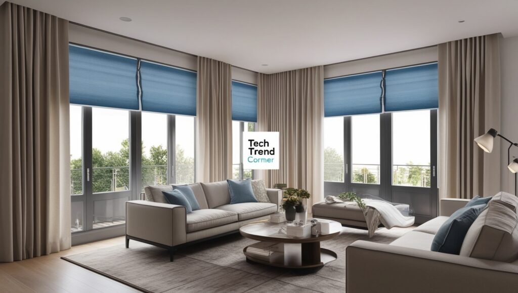 Energy-Efficient Smart Home Devices 2025: Automated windows and curtains in a modern living room with 'Tech Trend Corner' watermark.