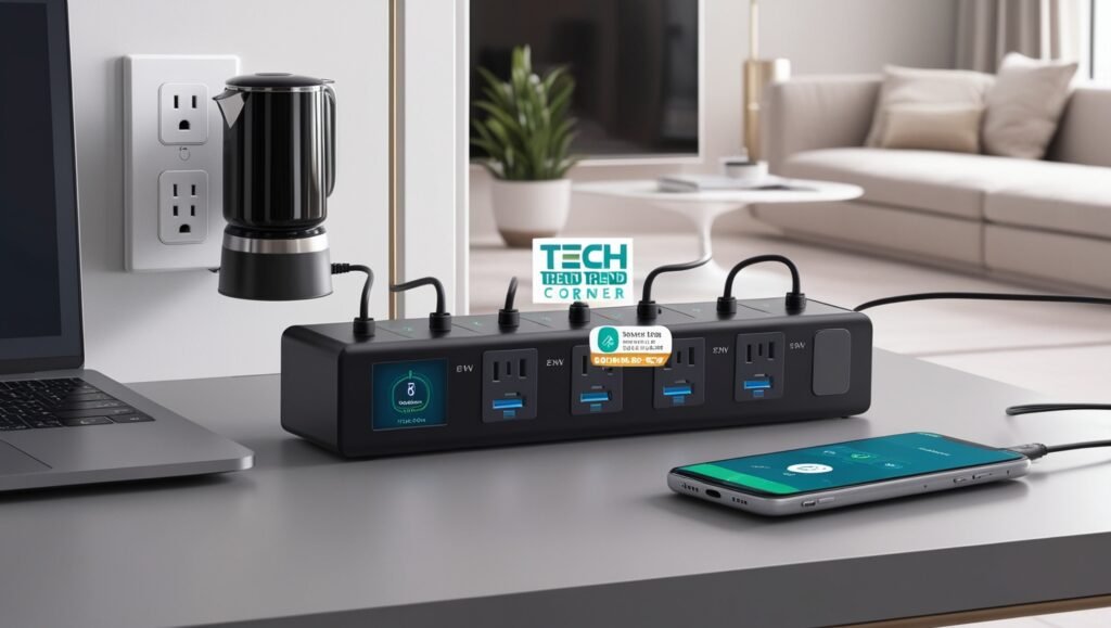 Energy-Efficient Smart Home Devices 2025: Smart plugs and power strips in a modern living room with 'Tech Trend Corner' watermark.