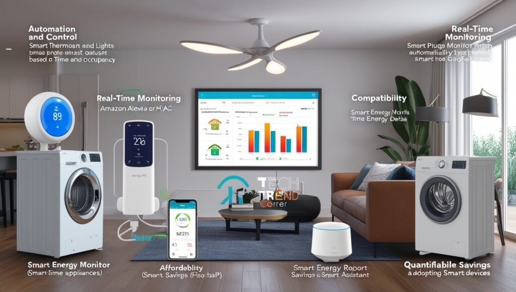Energy-Efficient Smart Home Devices 2025: Smart home devices with automation, monitoring, and energy savings in a modern living room with 'Tech Trend Corner' watermark.