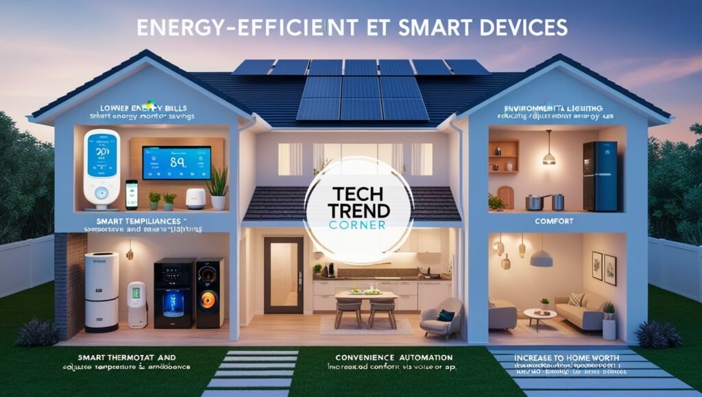 Energy-Efficient Smart Home Devices 2025: Smart home devices offering energy savings, comfort, and convenience in a modern home with 'Tech Trend Corner' watermark.
