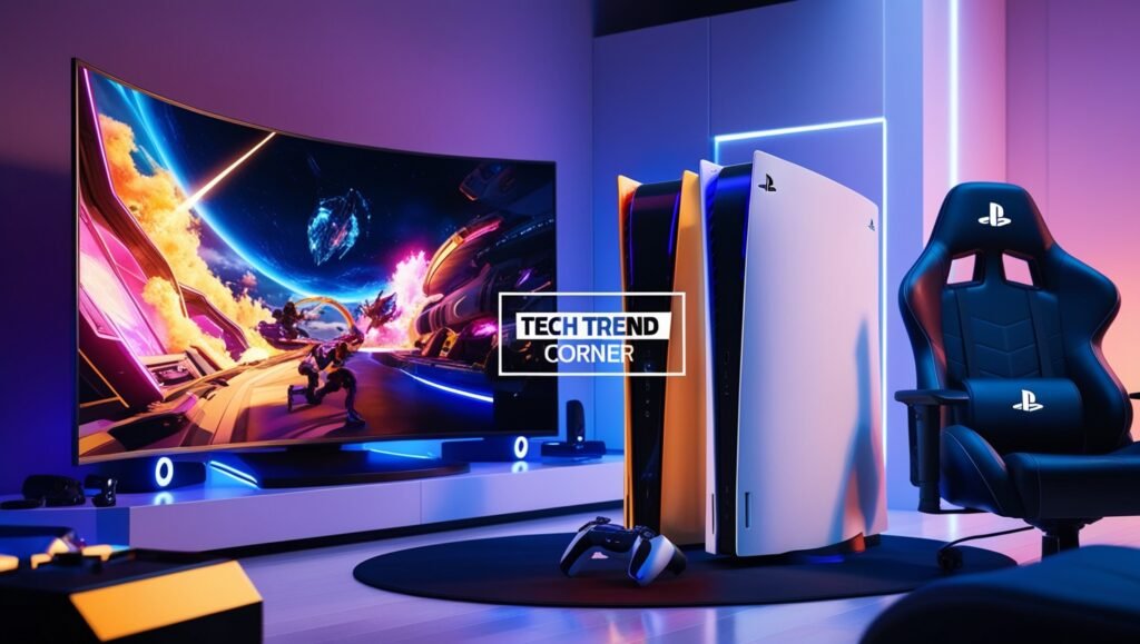 Realistic PlayStation 5 (PS5) Graphics showcasing vibrant 4K gameplay with ray tracing, featuring "Tech Trend Corner" watermark in the center.