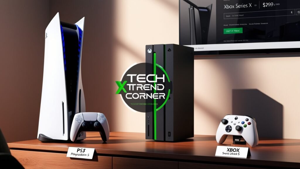 Realistic Price and Availability: PS5 vs Xbox Series X Comparison showcasing consoles, price tags, and online store availability, featuring "Tech Trend Corner" watermark in the center.